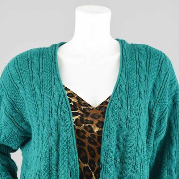 Karen Scott Vintage 80s Green Chunky Knit Long Length Cardigan Women's Large - Picture 2 of 10